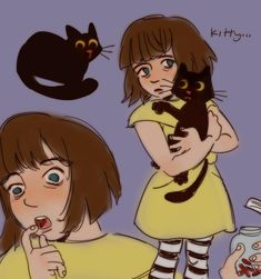 a drawing of a girl holding a black cat and eating something out of a jar