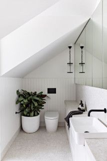 a white bathroom with two sinks and a potted plant