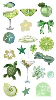 watercolor illustrations of different types of food and drinks on white paper with green accents