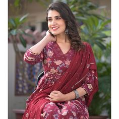 Maroon colored suit is prettified with floral printed work as shown which makes it appear classy. This top is made of pure cotton fabric which is accompanied with pure cotton bottom and chanderi dupatta. Women can buy this suit to wear for their parties and functions. Note:- The actual product may differ slightly in color and design from the one illustrated in the images when compared with computer or mobile screen. Size Chart Size: Semi Stitched/Unstitched can be altered from maximum to minimum Chanderi Dupatta, Cotton Anarkali, Anarkali Salwar, Silk Art, Mobile Screen, Anarkali Suits, Cotton Bottoms, Chiffon Saree, Salwar Suit