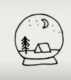 a drawing of a snow globe with trees and a tent in the middle, on a white background