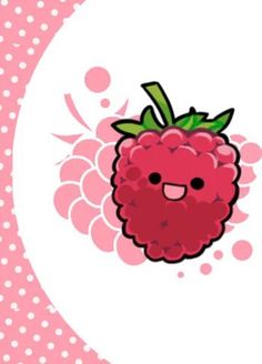 a cartoon raspberry on a pink and white background