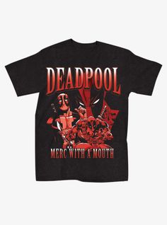 The merc with a mouth is here to spice up your tee drawer! This Deadpool tee has a mineral wash and an oversized fit  plus a collage of Deadpool portraits and text reading "Merch with a Mouth". Please note: Style runs large; size down for a tighter fit. Deadpool Clothes, Deadpool Merch, Deadpool Y Spiderman