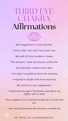 the poem for third eye chakra affirmations on a pink and purple background