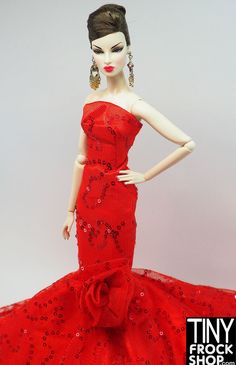 12" Fashion Doll Red Sequined Drama Dress OMG this cherry red dress is so lovely and eye catching with its sequined design, slim shape with HUGE sweep and train! Red Embellished Sequin Evening Dress, Red Sequin Dress For Gala Holiday, Red Sequin Holiday Dress, Red Sequin Holiday Evening Dress, Red Sleeveless Sequin Dress For Wedding, Red Sequined Holiday Gown, Holiday Red Sequined Gown, Cherry Red Dress, Small Boutique