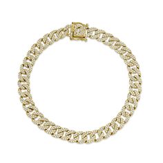 The classic chain link bracelet gets an elegant upgrade in this beautiful piece from Shy Creation. Crafted in 14k yellow gold, this bracelet boasts exquisite links each adorned with pave set round diamonds that make each link look as though it boasts drops of brilliance at every turn. Perfect for a night out, this bracelet can be worn on special occasions or whenever you want to spoil yourself with an extra dose of glamour. Diamonds are 1 5/8ctw, H in color, and SI2 in clarity. This bracelet mea Bracelet With Diamonds, Cuban Link Bracelet, Pave Bracelet, S Bracelet, Gold And Silver Bracelets, Gold Link Bracelet, Studded Necklace, Bracelets Gold Diamond, Deco Jewelry