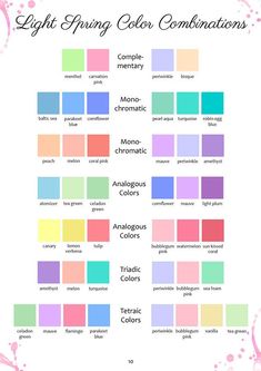 the color chart for different shades of pink, blue and green with text that reads lightening