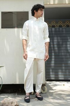 Ivory straight cut one side flap detail trouser. - Aza Fashions White Cotton Wedding Pants, Jatin Malik, Trouser Men, Trouser For Men, Trouser Pattern, Diana Penty, Rohit Bal, Applique Shirts, Roll Up Sleeves