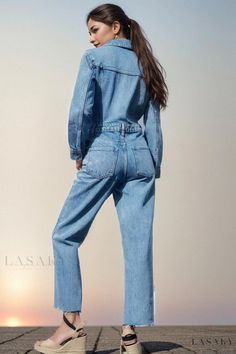 Lasaky - Urban Casual and Stylish Long-Sleeved Blue Denim Jumpsuit with Long Pants Long Sleeve Denim Jumpsuit, Jumpsuit With Long Sleeves, Suspender Pants, High Waist Fashion, Long Trousers, Jumpsuit Trousers, Long Jumpsuits, Straight Leg Denim, Jumpsuit Fashion