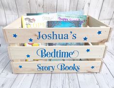 personalized children's bedtime story books box with stars on the bottom and blue lettering