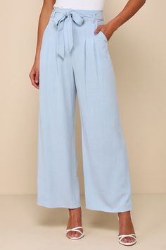 Look like a page out of style section in the Lulus Trend Alert Light Blue Belted High-Waisted Wide-Leg Pants! Linen-blend woven fabric shapes these breezy pants that have a high-waisted fit with belt loops and a sash belt. The wide legs have tailored pleating, side pockets, and end at ankle-length hems. Top button and hidden zipper fly. Fit: This garment fits true to size. Length: Ankle length. Size medium Inseam: 28.00 Front Rise: 12.50 Waist: Fitted - very fitted at natural waist. Hip: Loosely Orange Fits, High Waisted Wide Leg Pants, Pants Linen, Lulu Fashion, Sash Belt, Wide Legs, Dressed Down, Out Of Style, Workout Pants