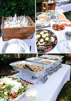 several different pictures of food and drinks on a table in the park, including salads