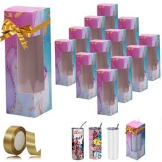 several different types of gift boxes with ribbons