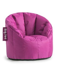 a purple bean bag chair with the word big joe on it's back side