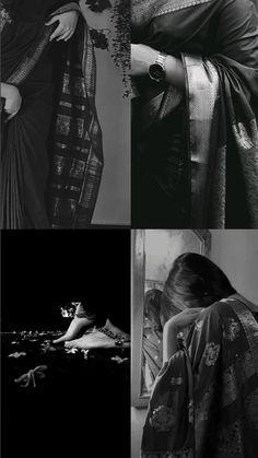 black and white photographs of women in sari outfits, with one woman holding her hand on