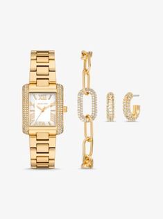 This pavé-encrusted three-piece set includes our petite Emery watch as the centerpiece alongside a chain-link bracelet and hoop earrings. The gold-tone timepiece features a rectangular face, beveled strap and Roman numeral indexes for a classic finish. Worn together, thesepieces are simply dazzling. Watch And Jewelry, Rectangular Face, Pave Bracelet, Brass Hoop Earrings, Three Hands, Sneaker Dress Shoes, Roman Numeral, Stainless Steel Watch, Three Piece