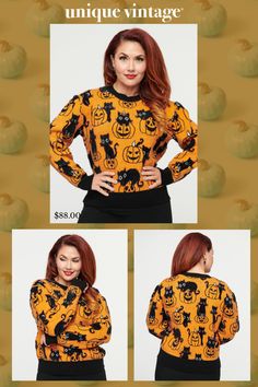 This adorable sweater features a fun and festive design of pumpkins and black cats, perfect for adding a touch of whimsy to your fall wardrobe. The vibrant orange color will surely make you stand out in the crowd, while the soft fabric will keep you warm and comfortable all day long. With its classic crew neck and long sleeves, this sweater is versatile enough to be dressed up or down for any occasion..Available in sizes XS/S-4X/5X while supplies last. | Unique Vintage Orange Pumpkin & Black Cat Black Cat Print, Orange Pumpkin, Print Sweater, Festive Design, Vintage Orange, Pumpkin Orange, Printed Sweater, Vibrant Orange, Black Cats