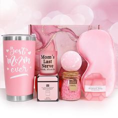 a pink gift set with the words mom's last nerve and its contents