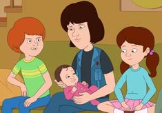 family sitting on couch in living room with adult and child looking at camera, animated