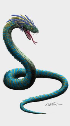 a drawing of a blue and green snake with it's mouth open, on a white background