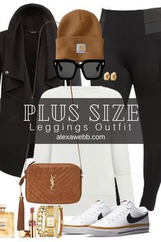 Plus Size Black Leggings Outfits - A plus size fall outfit with ponte leggings, tunic top, draped jacket, and Nike sneakers by Alexa Webb. Snow Day Outfit Plus Size, Fall Leggings Outfit Plus Size, Soccer Mom Outfit Plus Size, Plus Size Fashion For Women Shein, Plus Size Fall Travel Outfits, Socks Over Leggings Outfit Winter, Plus Size Looks Casual, Plus Size Sweatshirt Outfit, Plus Size Casual Winter Outfits