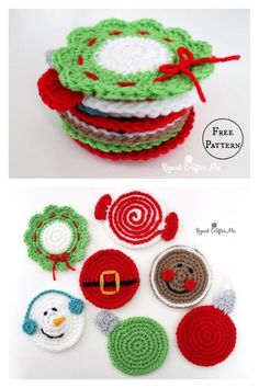 crocheted christmas coasters are shown in three different colors