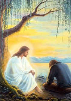 jesus sitting on the ground next to a man kneeling down in front of a tree