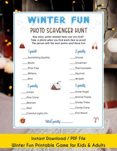 "Winter Photo Scavenger Hunt Printable Game | Winter Activity for Kid & Adult | Winter Game | Office Party game | Christmas | Holiday Party, Instant Download, PDF This Winter Photo Scavenger Hunt Printable Game is an excellent activity for adults and kids. It is a fun activity and party game you can shine the party! Throw a party with this fun and easy printable game! NO PHYSICAL PRODUCT WILL BE SHIPPED ★ WHAT YOU GET ★ -Winter Photo Scavenger Hunt Printable Game <2 PDF Files> Each File with Whi Kids Christmas Party Target, Office Christmas Party Games, Winter Party Games, Holiday Luncheon, Dinner 2023, Christmas Pajama Party, Scavenger Hunt Printable, Game Office, Office Party Games