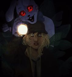 a painting of a woman with red eyes and a cat on her head, in the dark