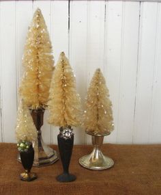 three small christmas trees in vases on a table