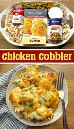 chicken cobbler on a white plate next to a blue and white dish with biscuits