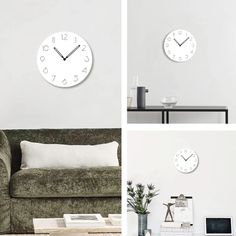 three different clocks on the wall above a couch and coffee table in a living room