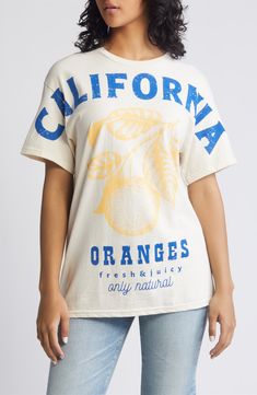 Sweet California oranges in a weathered, vintage-look image dominate a slightly oversized cotton T-shirt. 28" length (size Medium) Crewneck Short sleeves 100% cotton Machine wash, tumble dry Imported Retro Faded T-shirt With Letter Print, Vintage Washed T-shirt For Spring, Retro Washed T-shirt, Acid Wash Oversized Vintage Tops, Oversized Acid Wash Vintage Tops, Oversized Vintage Acid Wash Tops, Oversized Vintage Distressed Top, Vintage Graphic Print T-shirt For Fall, Oversized Acid Wash Vintage T-shirt