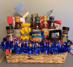 a basket filled with condiments and sauces