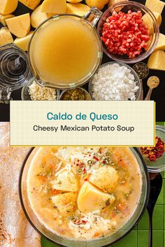 the mexican potato soup is ready to be eaten with other ingredients around it and in bowls