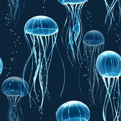 blue jellyfish are floating in the water together on a dark background with stars and bubbles