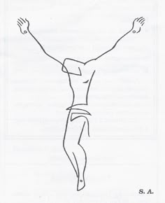 a drawing of a man with his arms up and hands in the air, standing on one leg