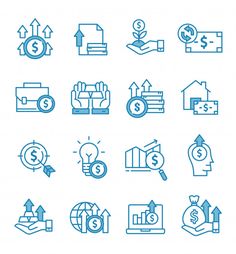 business and finance icons in blue on a white background