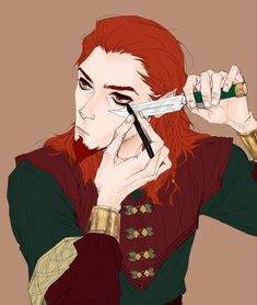 a woman with red hair holding a knife to her face