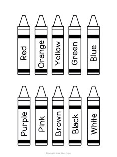 six crayons with the names of each one in black and white