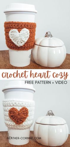 Pinterest graphic for the crochet tiny heart cozy free pattern plus video tutorial at heather-corinne.com Crochet Koozie, Cup Cozy Crochet Pattern, Coffee Cozy Pattern, Crochet Kingdom, Crochet Tiny, Cup Cozy Pattern