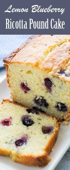 lemon blueberry ricotta pound cake on a white plate