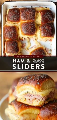 ham and cheese sliders are stacked on top of each other in a white plate