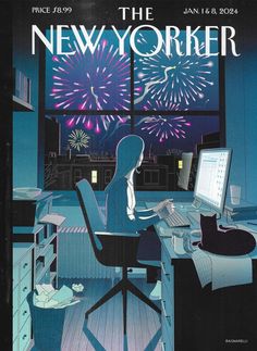 a person sitting at a desk in front of a computer with fireworks coming out of the window