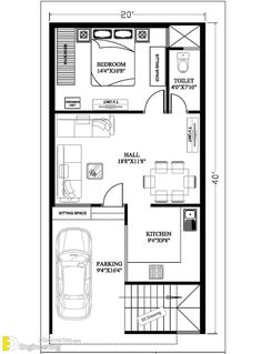 the floor plan for a small house with two bedroom and living room, including an attached garage