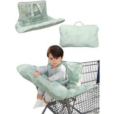 a little boy sitting in a shopping cart next to pillows and a pillow on top of it