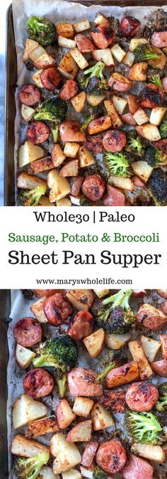 two pans filled with sausage, potatoes and broccoli