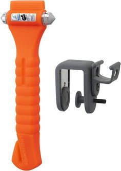 an orange and gray tool is next to a plastic holder with a screwdriver on it