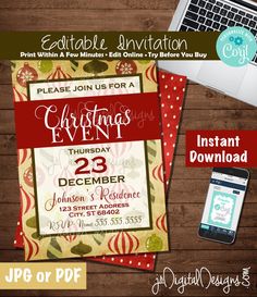 christmas party flyer with laptop and other items on wooden table next to phone, tablet