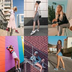 the collage shows different images of women in various outfits and shoes, including one woman leaning up against a wall